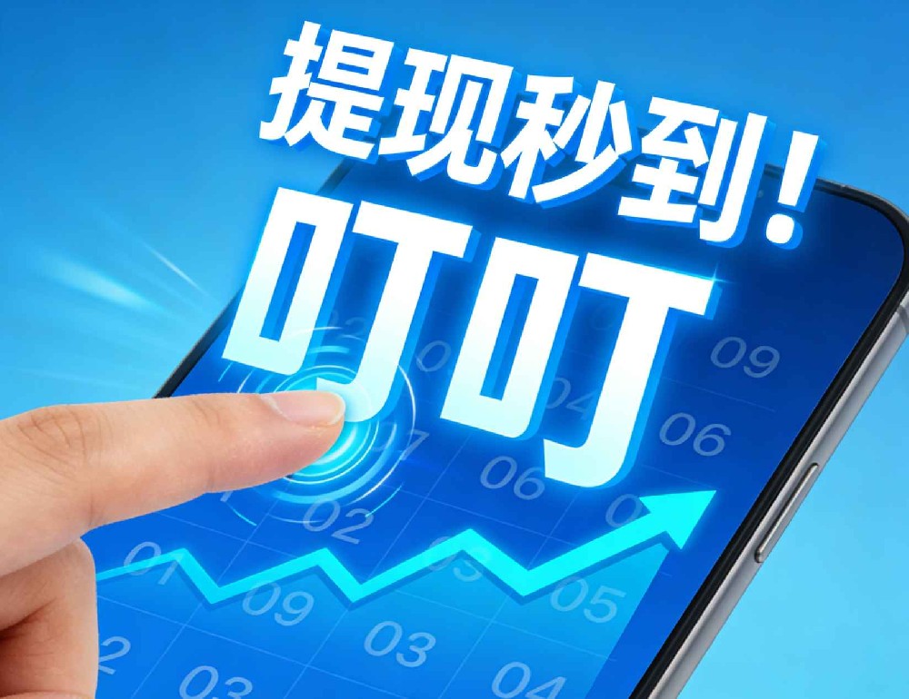 手指点手机，屏幕数字“叮叮”上涨，标题“提现秒到！